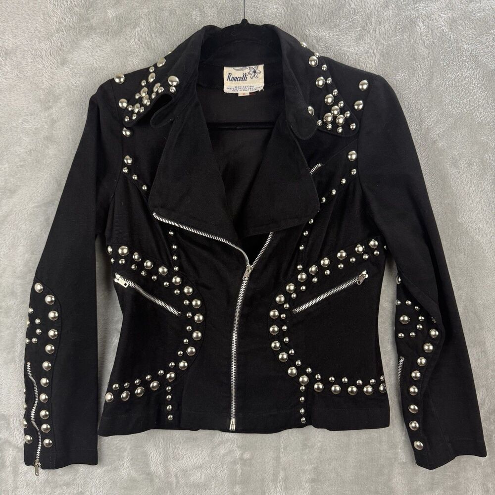 Vintage Roncelli Black Cotton Twill Moto Studded Zip Jacket Women's 11